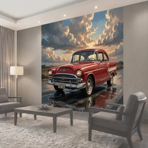 Фотообои Красный ретро-автомобиль на дороге