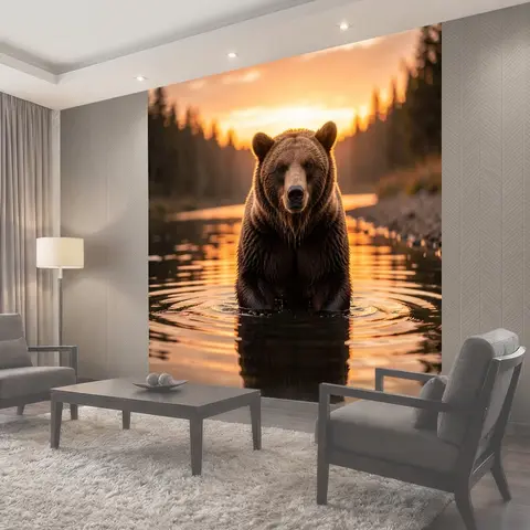 Фотообои Медведь в лесной реке на закате