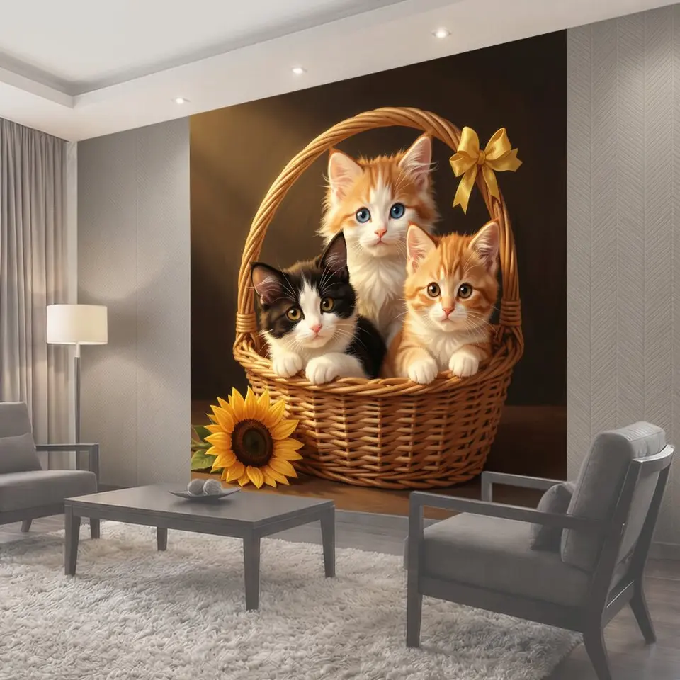 Фотообои Три котенка в плетёной корзине
