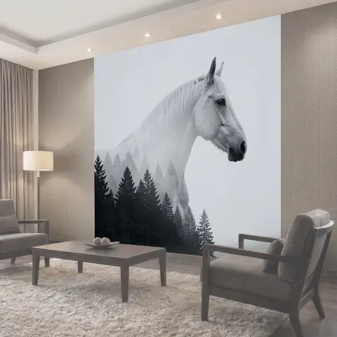 Фотообои Белая лошадь в тумане