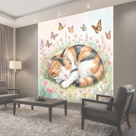 Фотообои Лежащая кошка среди цветов