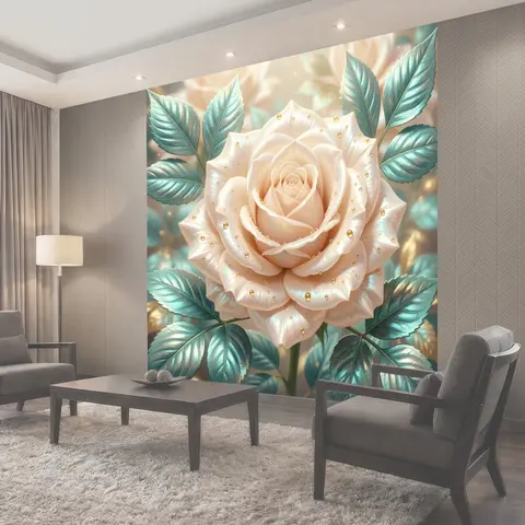Фотообои Нежная роза с бирюзовыми листьями