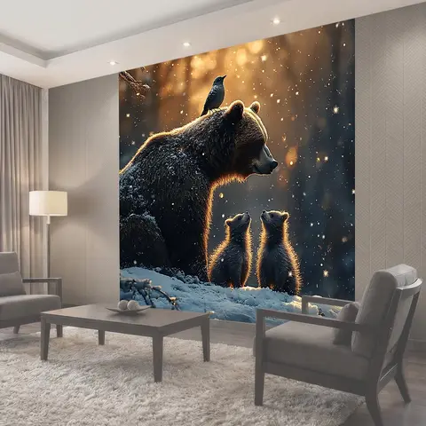 Фотообои Ночь, лес, снег, красивый пейзаж Мишка и его медвежата Картинка для детей