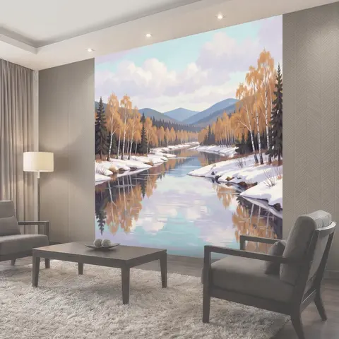 Фотообои Зимняя река среди берёз и гор