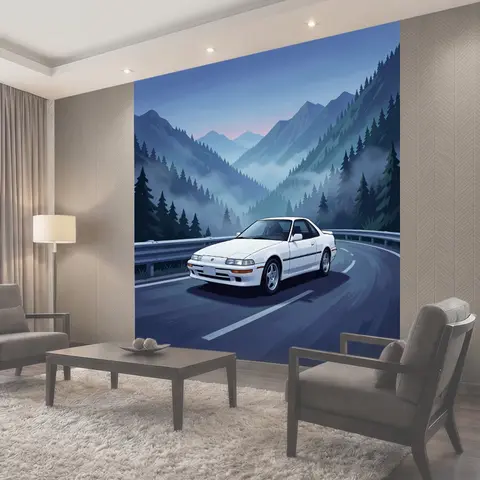 Фотообои Белый спорткар на горной дороге