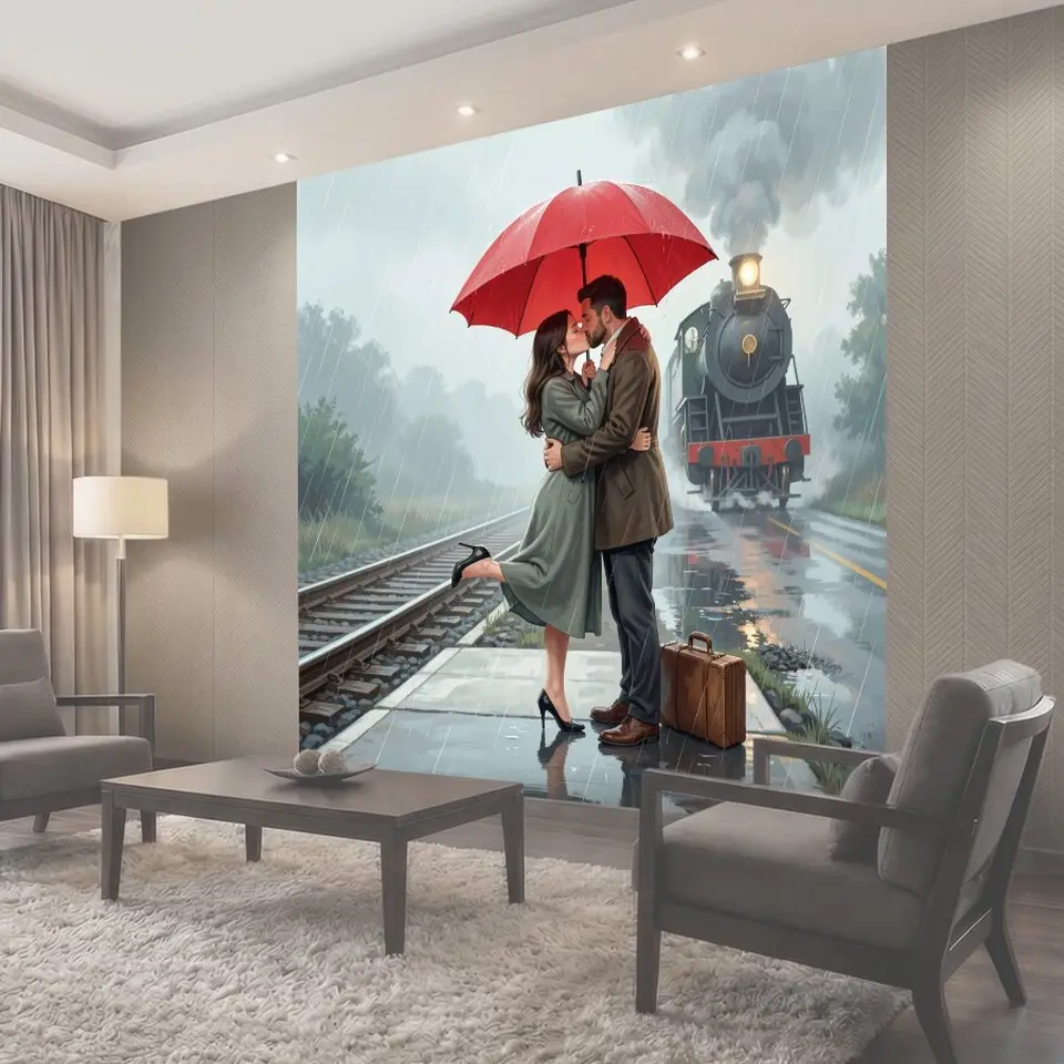 Фотообои Поцелуй под красным зонтом у поезда