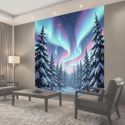 Фотообои Зимний лес под северным сиянием