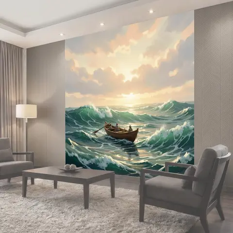 Фотообои Лодка в бурном море на закате