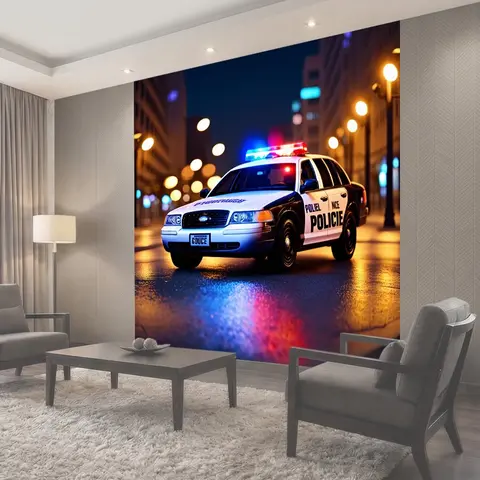 Фотообои Светящееся полицейское авто, сверкающее в темноте, с включенными мигалками, выделяется на фоне ночного города
