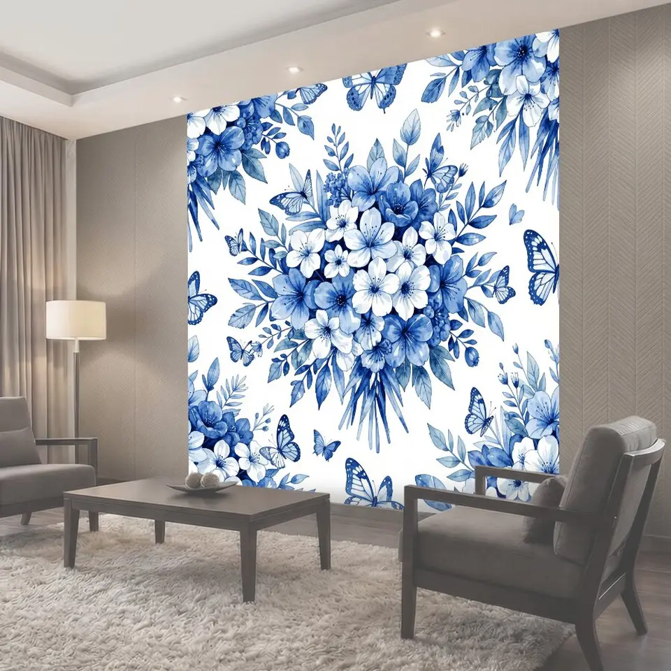 Фотообои Синие цветы и бабочки акварель