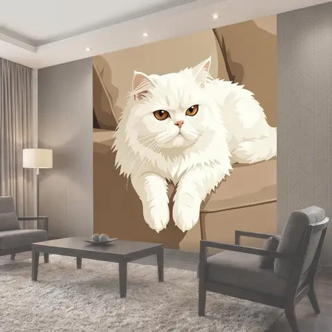 Фотообои Белый пушистый кот на диване
