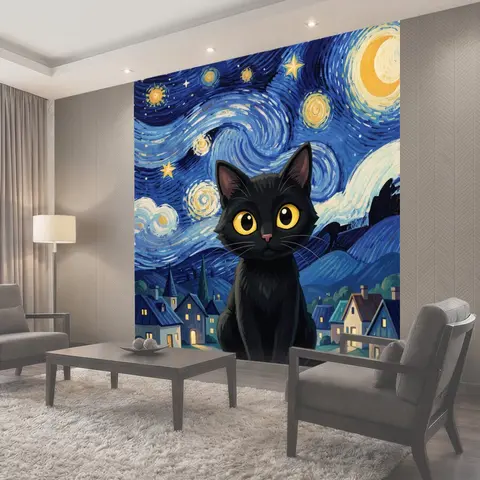 Фотообои Черный кот под звездным небом