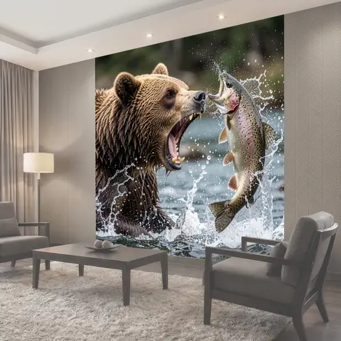 Фотообои Медведь ловит форель в реке