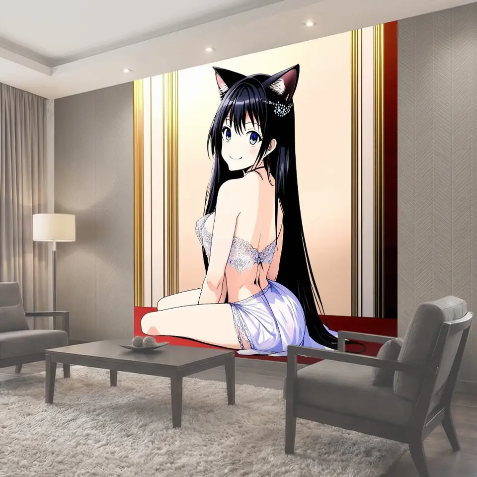 Фотообои Изображение anime-стиля, девушки с кошачьими ушками, сидящей спиной к зрителю