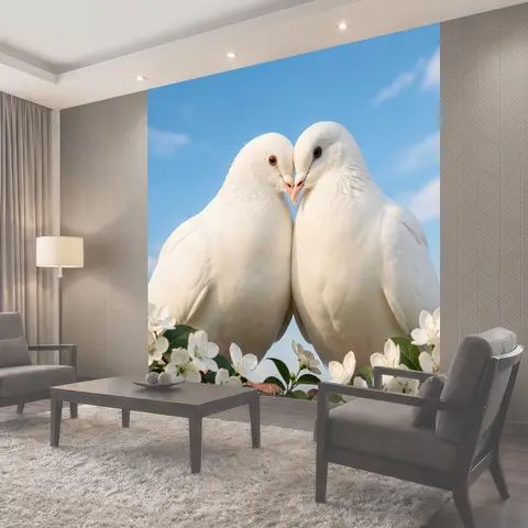 Фотообои Белые голуби с цветами