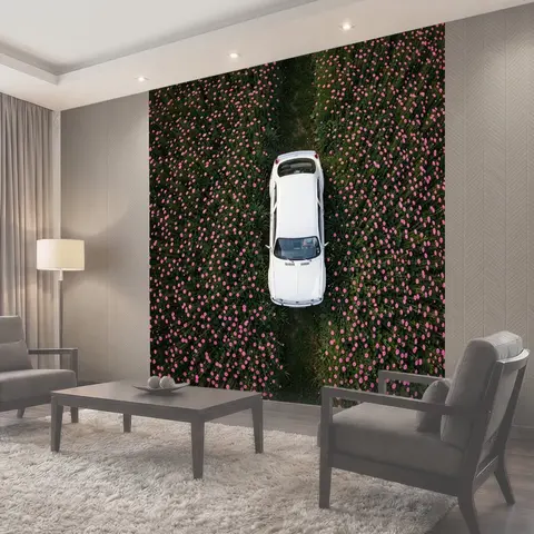 Фотообои Белый автомобиль среди цветов