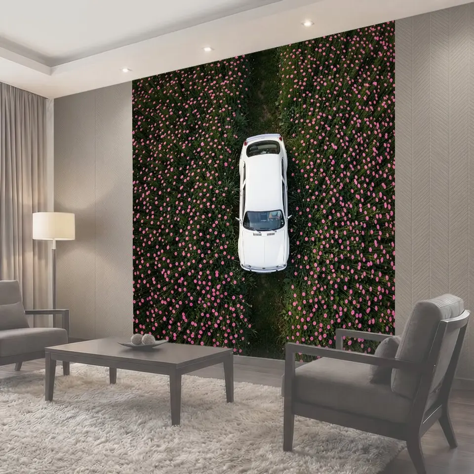 Фотообои Белый автомобиль среди цветов