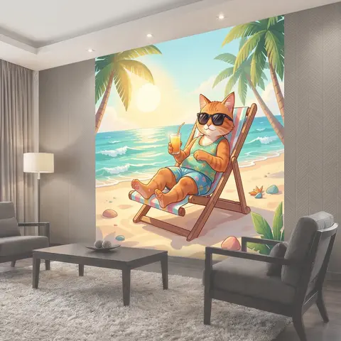 Фотообои Кот на пляже с коктейлем