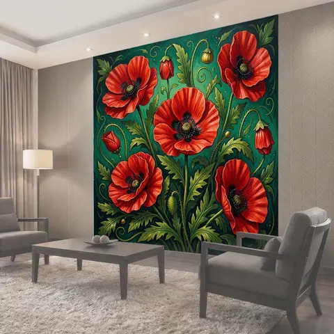 Фотообои Красные маки на зеленом фоне