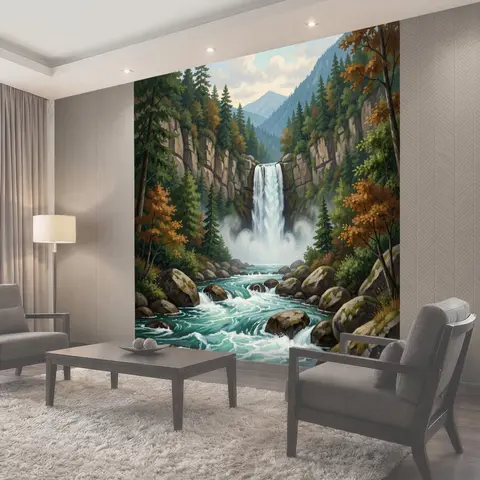 Фотообои Горный водопад в лесной долине