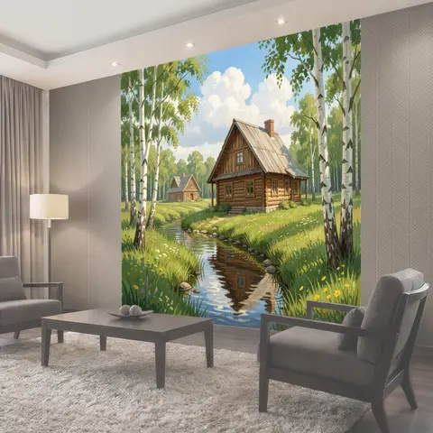 Фотообои Деревенские домики у ручья