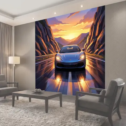 Фотообои Спортивный автомобиль в горном ущелье