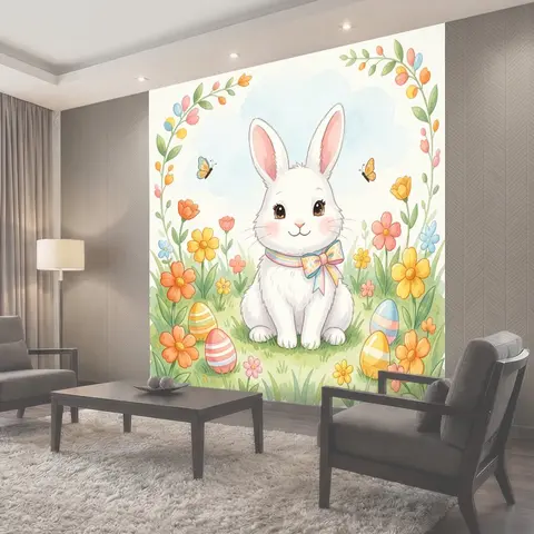Фотообои Белый зайчик среди весенних цветов
