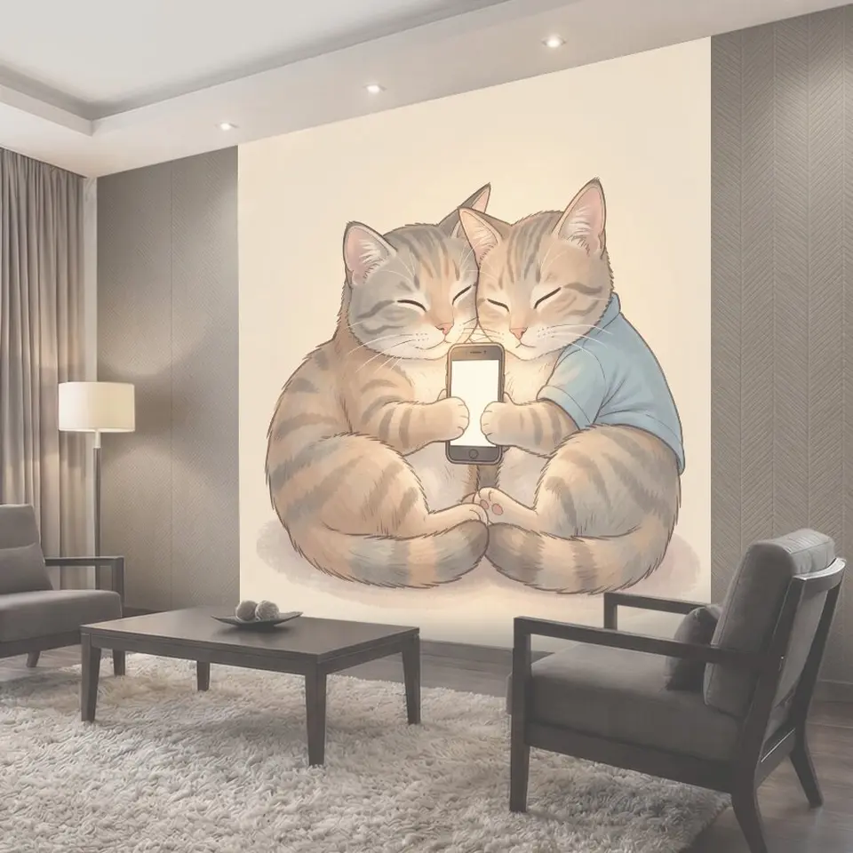 Фотообои Обнимающиеся коты с телефоном