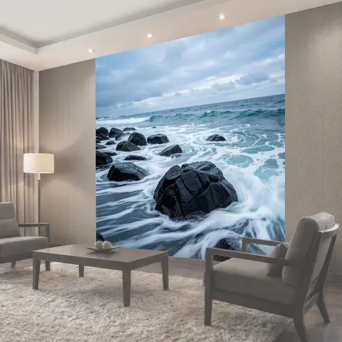 Фотообои Штормовое море с черными камнями