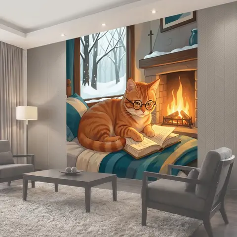 Фотообои Уютный кот у камина с книгой