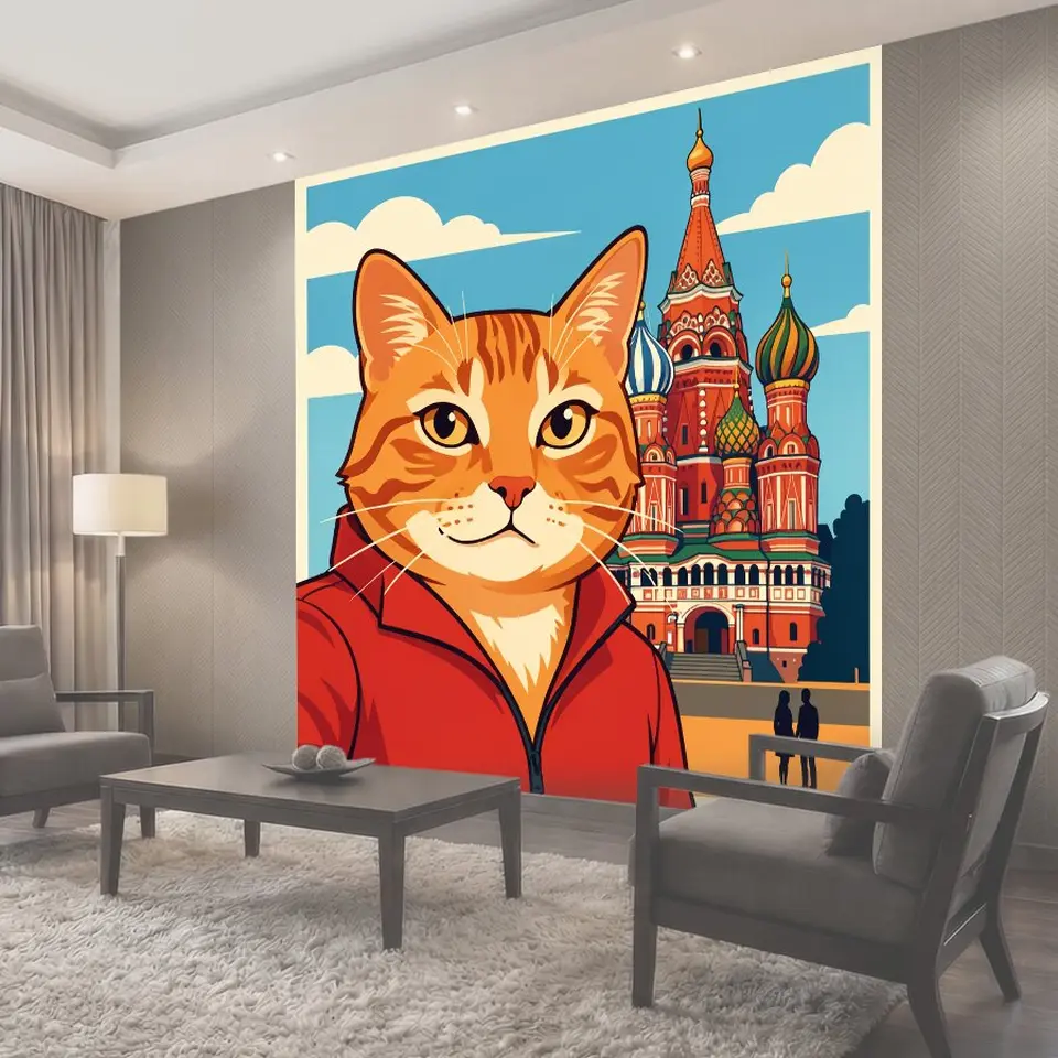 Фотообои Рыжий кот на фоне собора