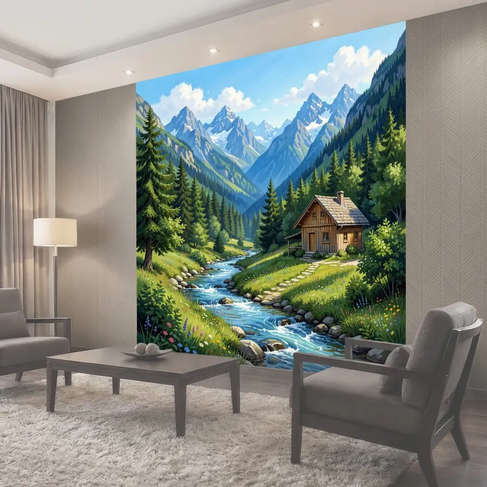Фотообои Горный пейзаж с домиком у реки
