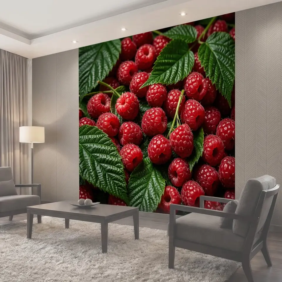 Фотообои Спелая малина с зелёными листьями