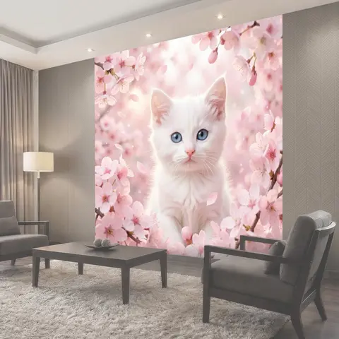 Фотообои Белый кот среди цветущей сакуры