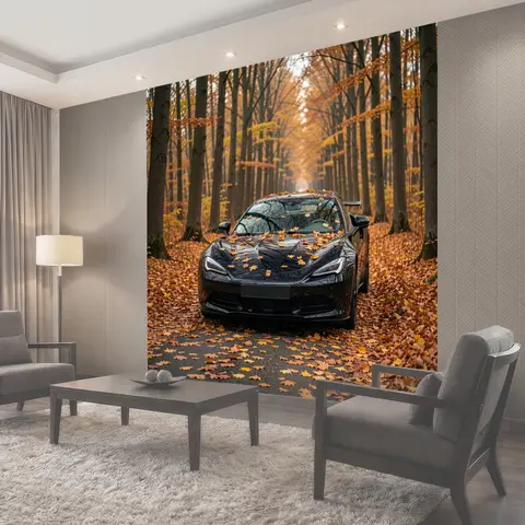 Фотообои Спортивное авто в осеннем лесу