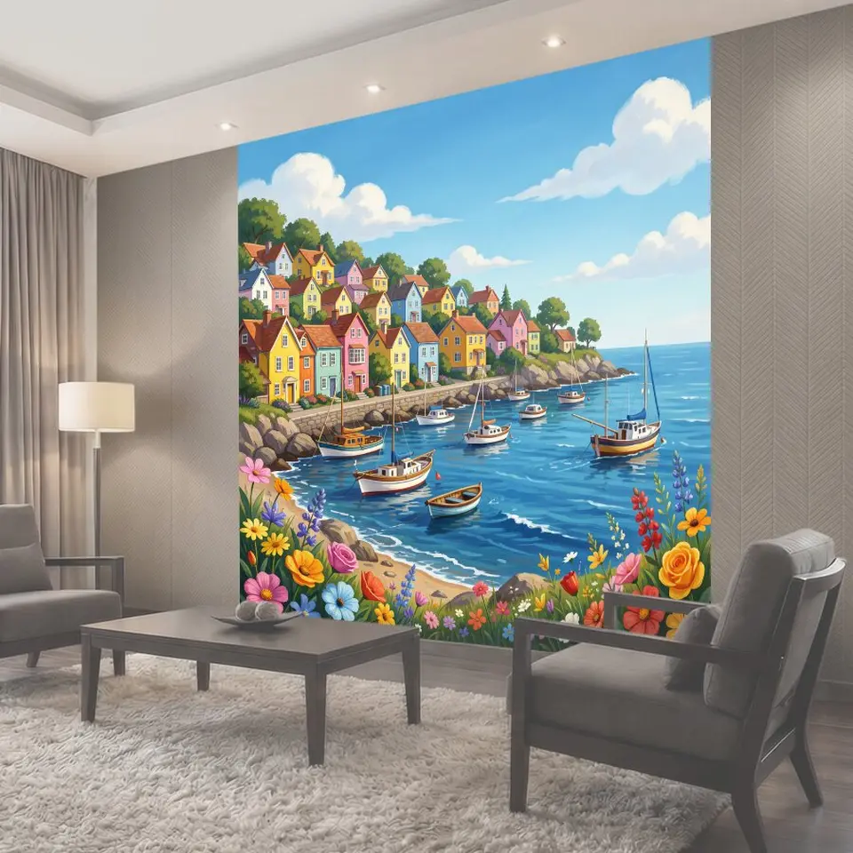 Фотообои Прибрежная бухта с цветами и яхтами