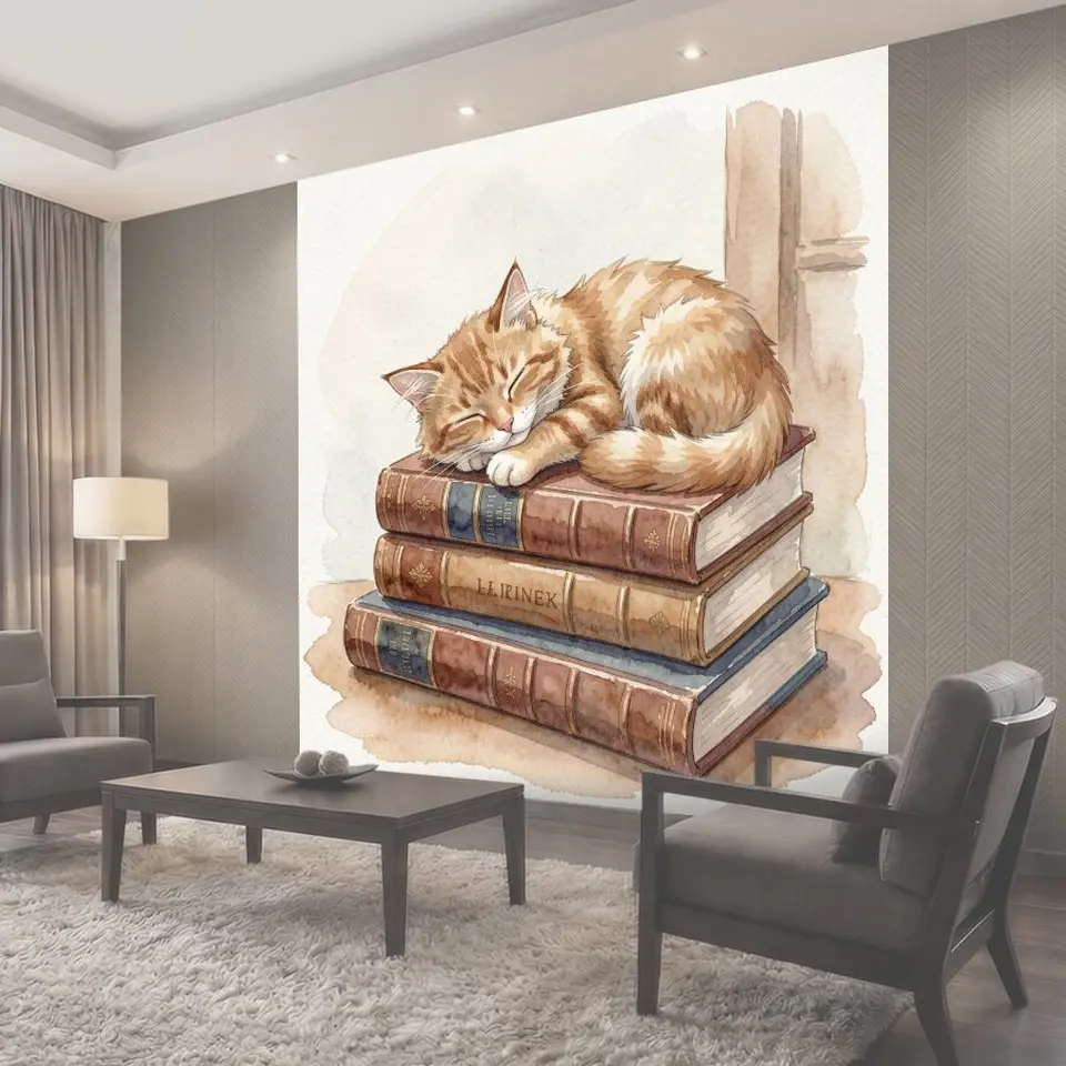 Фотообои Рыжий кот спит на книгах