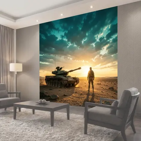 Фотообои Танк и солдат в пустыне