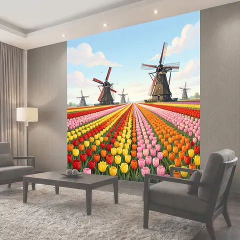 Фотообои Тюльпановое поле и мельницы