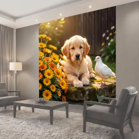 Фотообои Щенок с голубем среди цветов