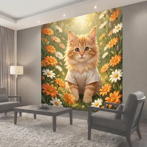 Фотообои Рыжий котёнок среди ромашек