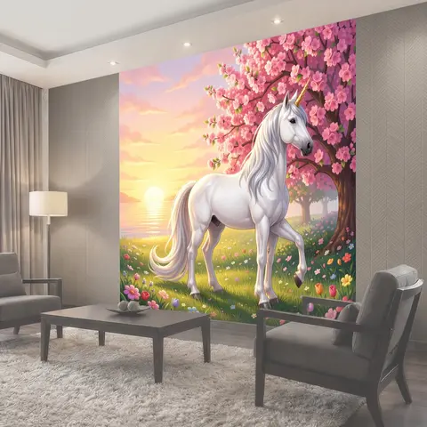 Фотообои Белый единорог у сакуры