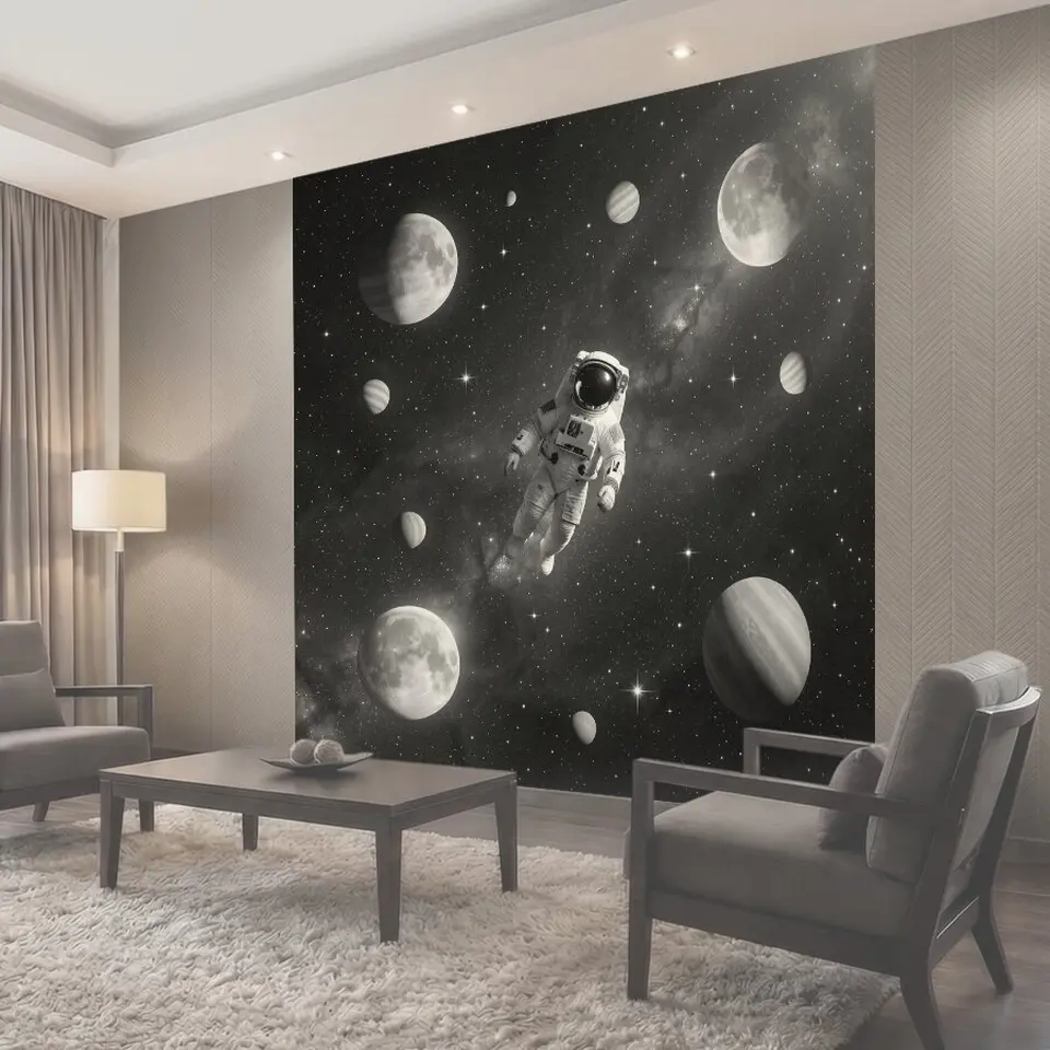 Фотообои Космонавт среди лун и планет