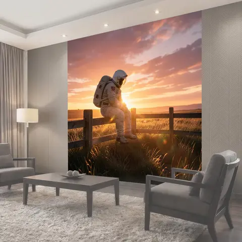 Фотообои Космонавт на закате в поле
