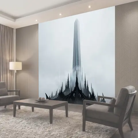 Фотообои Футуристический небоскрёб в тумане