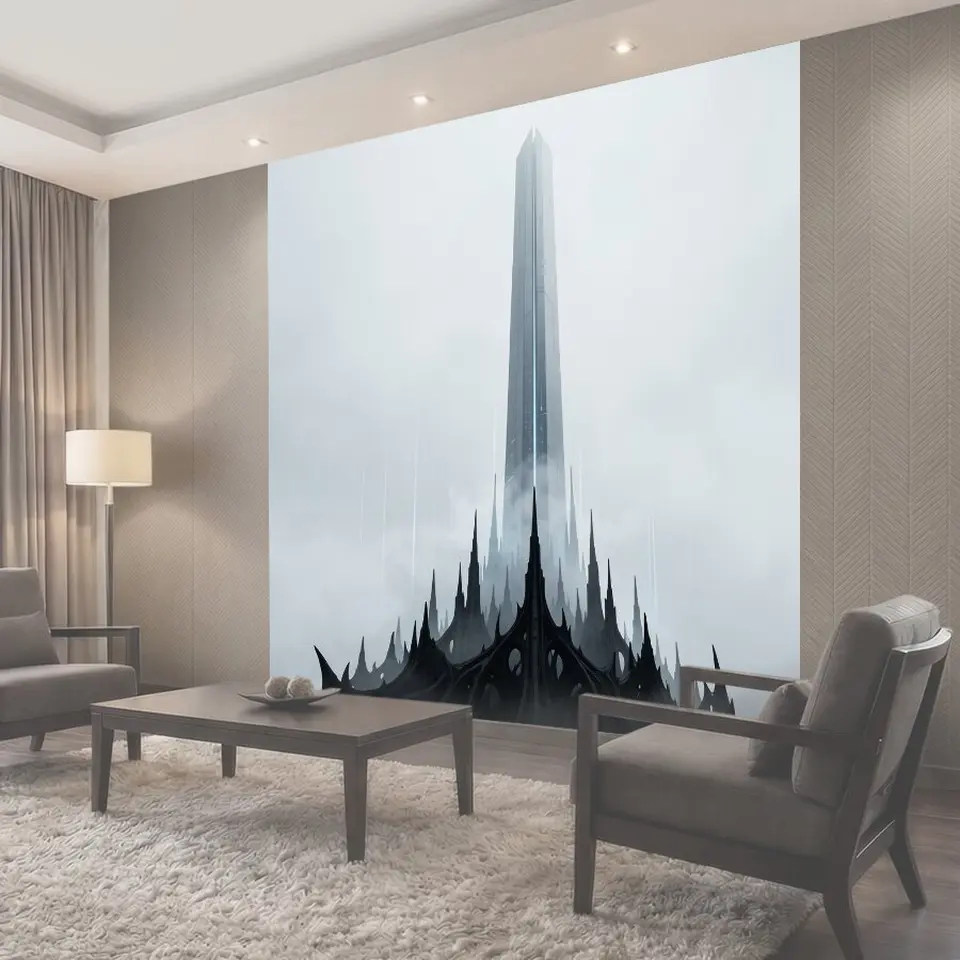 Фотообои Футуристический небоскрёб в тумане