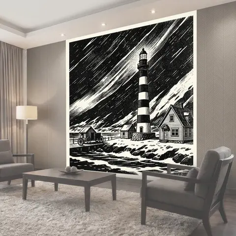 Фотообои Полосатый маяк у моря ночью