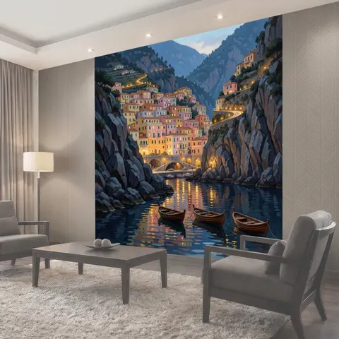 Фотообои Прибрежный город среди гор
