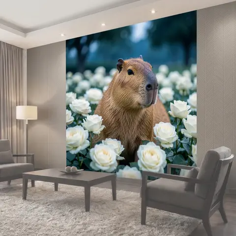 Фотообои Капибара среди белых роз