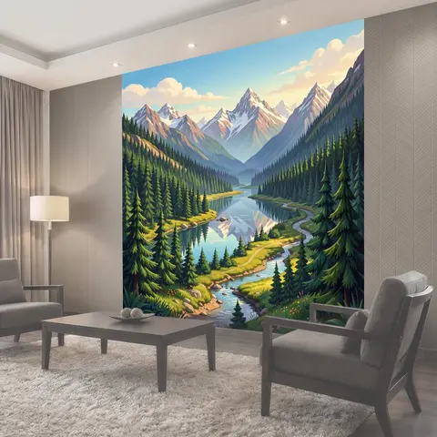 Фотообои Горная река среди елей и озера